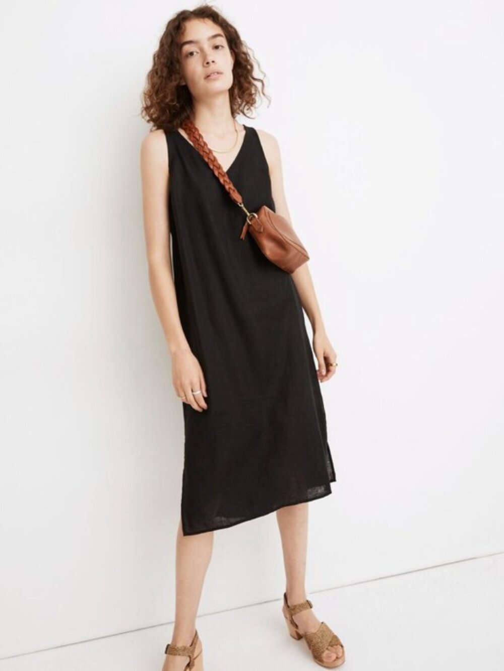 Madewell Linen-Blend V-Neck Tank Dress Black Boho Granola Girl Minimalist Sz M